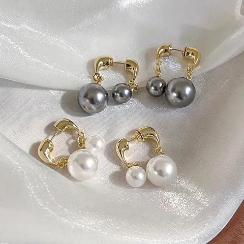 Pendientes de Botón de Cobre Vintage Francés Con Perlas Artificiales Grandes Y Pequeñas Bañado en Oro Joyería Mujer