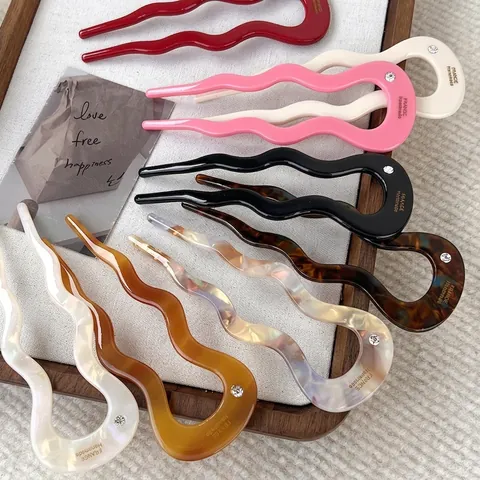 Vintage Acetat Welle U-Form Haarstab Strass Eingelegt Frankreich Handgearbeitete Haargabel Für Damen Elegantes Styling Schmuck Zubehör