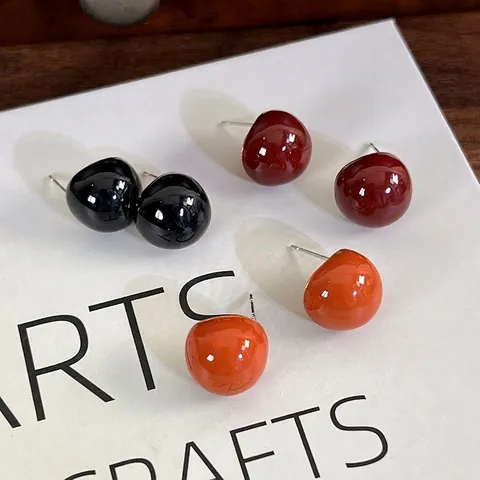 Koreanischer Stil Einfache Glasierte Kugel Ohrstecker Für Damen Retro Schwarz Rot Orange Legierung Ohrringe Mit 925 Silber Stift