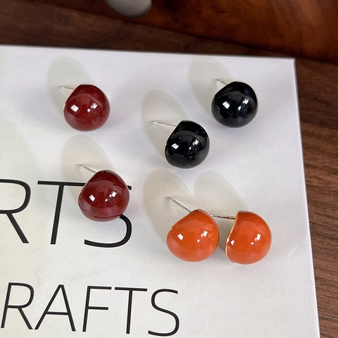 Koreanischer Stil Einfache Glasierte Kugel Ohrstecker Für Damen Retro Schwarz Rot Orange Legierung Ohrringe Mit 925 Silber Stift
