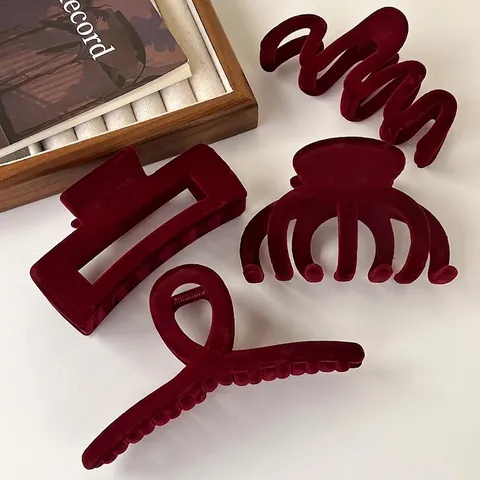 Molla per Capelli Floccata Rosso Vino Donna Elegante Grande Clip a Squalo in Acrilico Opaco Finitura Velluto Accessori Capelli
