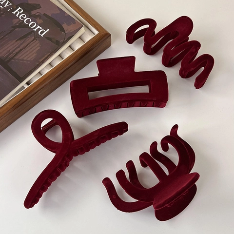 Molla per Capelli Floccata Rosso Vino Donna Elegante Grande Clip a Squalo in Acrilico Opaco Finitura Velluto Accessori Capelli