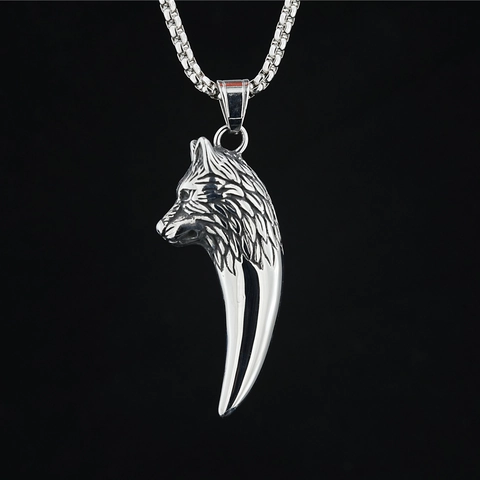 Vintage Titanstahl Wolfskopf Wolfszahn Halskette Mit Anhänger Punk Gothic Silber Tier Fang Halsschmuck Für Herren Unisex Party