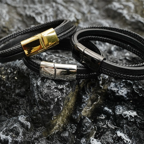 Bracciale in Vera Pelle Intrecciata Multistrato in Acciaio Inossidabile Minimalista per Uomo Donna Unisex Chiusura Magnetica Gioielli