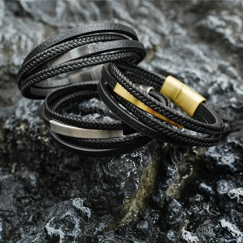 Men's Multi-layer Leather Braided Bracelet With Titanium Steel Star Detail Casual Neutral Charm Bracelet Jewelry