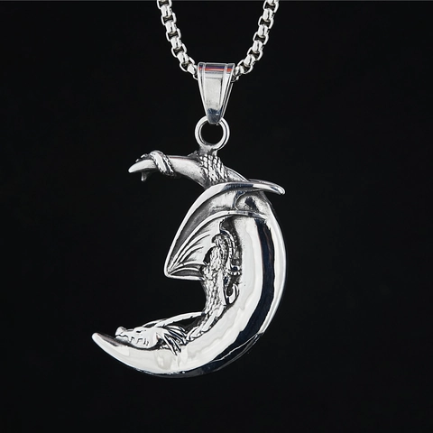 Collana Con Pendente a Forma di Luna Crescente del Drago in Acciaio Inossidabile Vintage per Uomo Donna Gioielli