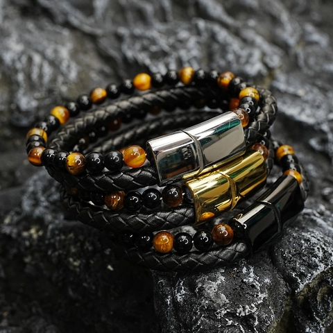 Herren Doppelarmband Tigerauge Naturstein Schwarze Perlen Geflochtenes Leder Titanium Stahl Magnetverschluss Vintage Punk
