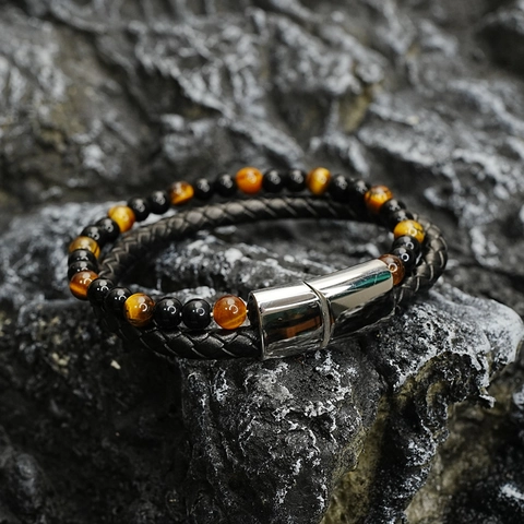 Herren Doppelarmband Tigerauge Naturstein Schwarze Perlen Geflochtenes Leder Titanium Stahl Magnetverschluss Vintage Punk