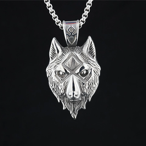 Vintage Stainless Steel Wolf Head Pendant Necklace Norse Rune Viking Hip Hop Style Heavy Metal Jewelry For Men Women