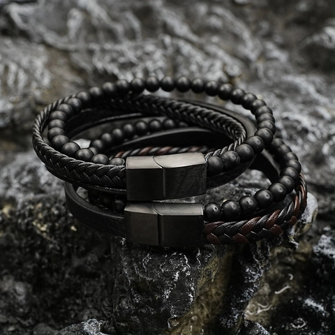 Bracelet Multicouche en Cuir pour Homme Avec Perles de Pierre de Lave Volcanique Mate Fermoir Magnétique en Acier Inoxydable Punk Tressé Bijoux Femme