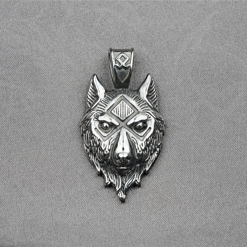 Vintage Stainless Steel Wolf Head Pendant Necklace Norse Rune Viking Hip Hop Style Heavy Metal Jewelry For Men Women