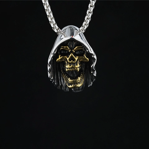 Gothic Hooded Skull Pendant Necklace Vintage Titanium Steel Gold Silver Bi-Color Punk Hip Hop Men Women Fashion Jewelry