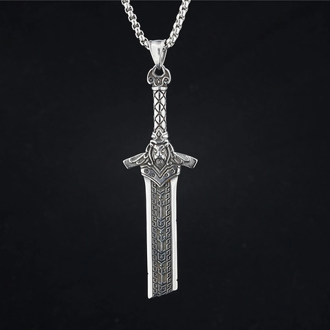 Vintage Titanium Steel Sword Pendant Necklace For Men Gothic Lion Head Rune Engraved Punk Hip Hop Street Jewelry Gift
