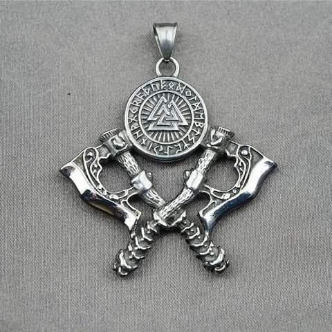 Viking Double Axe Pendant Necklace Stainless Steel Valknut Rune Symbol Norse Mythology Antique Silver Retro Men Jewelry