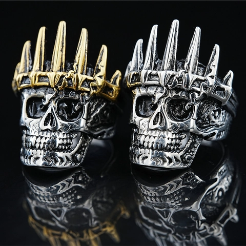 Vintage Gothic Punk Skull Ring With Crown Stainless Steel Biker Ring For Men Women Hip Hop Party Jewelry Retro Distressed Style