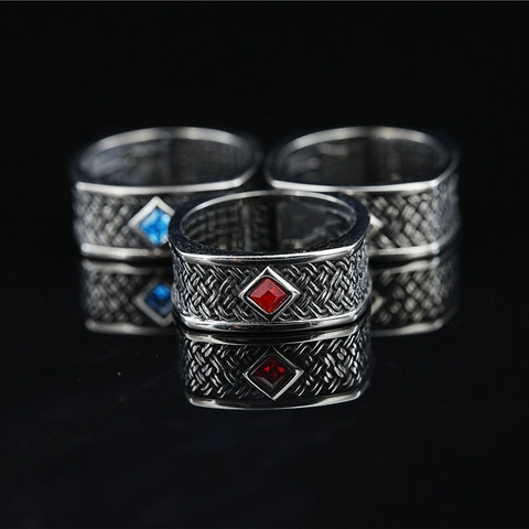 Vintage Men Titanium Steel Ring Square Cut Gemstone Woven Texture Distressed Oxidized Finish Punk Gothic Ethnic Jewelry For Men