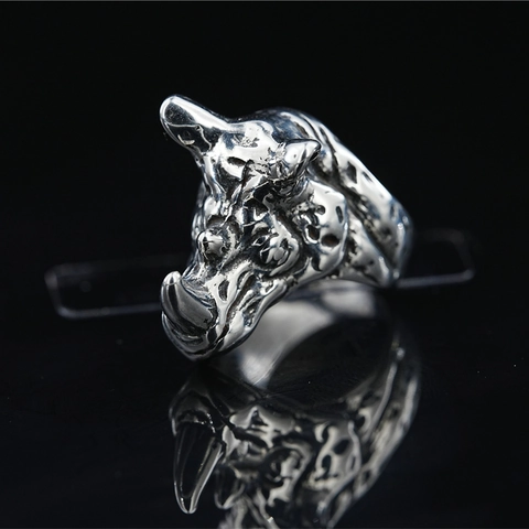 Vintage Stainless Steel Rhino Head Ring For Men Punk Rock Animal Totem Oxidized Retro Silver Tone Biker Jewelry