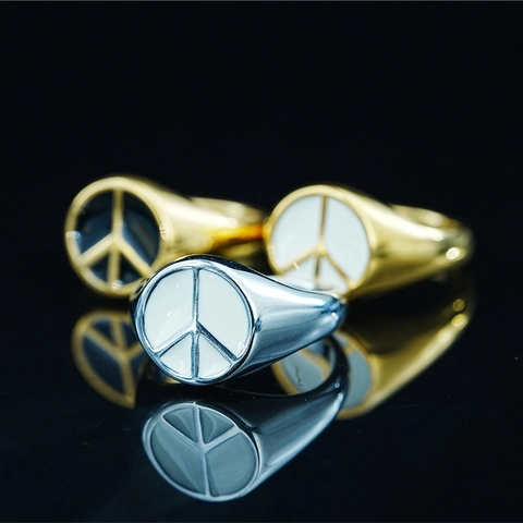 Vintage Titanium Staal Vredesteken Zegelring Voor Unisex Goud Zilver Verguld Emaille Anti-oorlog Symbool Minimalistische Mode Ring Sieraden