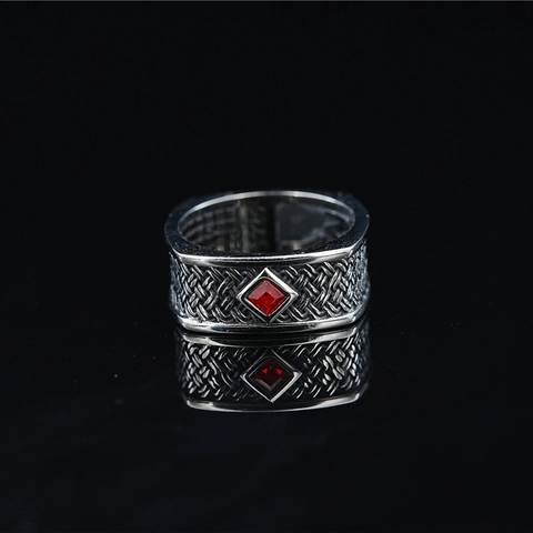 Vintage Men Titanium Steel Ring Square Cut Gemstone Woven Texture Distressed Oxidized Finish Punk Gothic Ethnic Jewelry For Men