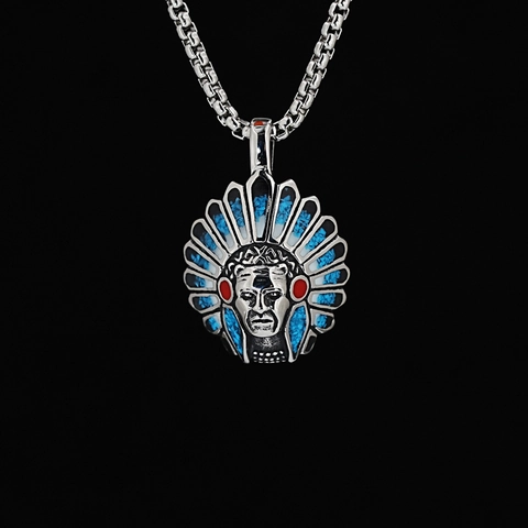 Vintage Ethnisch Indianerhäuptling Kopf Anhänger Halskette Titanstahl Silber Mit Türkis Emaille Feder Krone Für Herren Damen Retro Schmuck