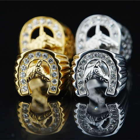 Vintage Titanium Steel Horse Head Horseshoe Ring For Men Gothic Punk Streetwear Inlaid Rhinestone Gold Silver Fashion Jewelry Gift