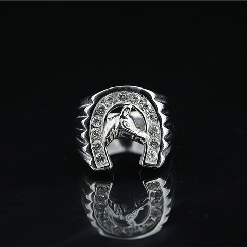 Vintage Titanium Steel Horse Head Horseshoe Ring For Men Gothic Punk Streetwear Inlaid Rhinestone Gold Silver Fashion Jewelry Gift