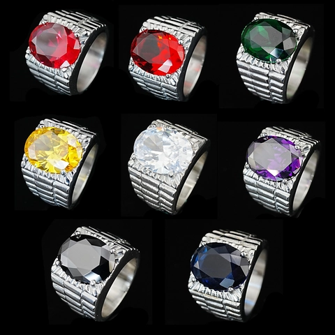 Vintage Titanium Steel Men's Ring Large Oval Cut Red Rhinestone Ring Silver Grooved Pattern Fashion Jewelry For Wedding Party