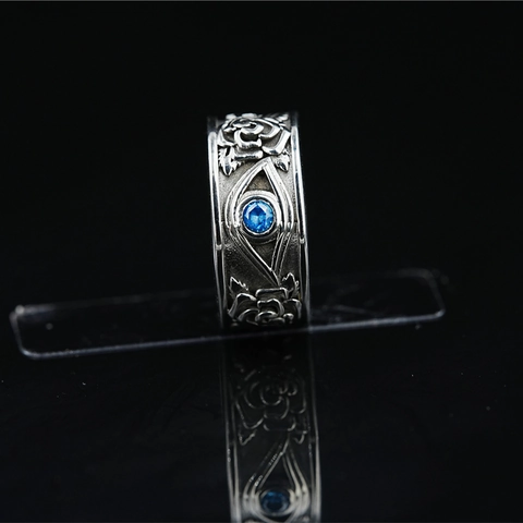 Vintage Titanium Steel Rose Eye Of Horus Ring Gothic Relief Blue Rhinestone Band Ring For Men Women Retro Jewelry Gift