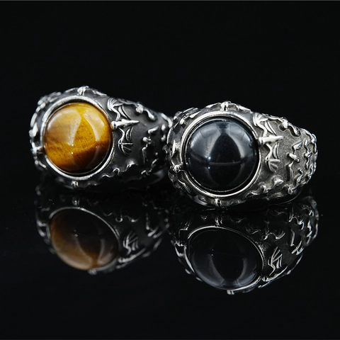 Bague en Acier Titane Chauve-souris Gothique Vintage Retro Punk Incrusté Oeil de Tigre Onyx Noir Statement Band Pour Hommes Femmes