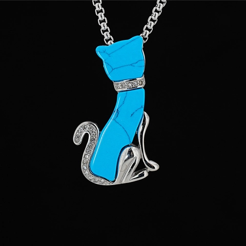 Vintage Titanstahl Katze Anhänger Halskette Mit Künstlicher Türkis Strass Tier Eingelegt Schmuck Für Damen Herren