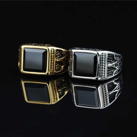 Vintage Stainless Steel Masonic Signet Ring For Men Square Black Stone Punk Biker Jewelry Gold Silver Plated Ring Gift