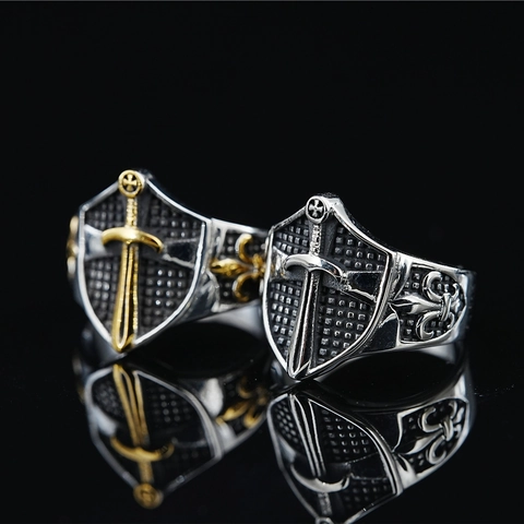 Vintage Titanium Steel Shield Cross Sword Ring For Men Gothic Fleur De Lis Knight Shield Band Ring Retro Punk Jewelry