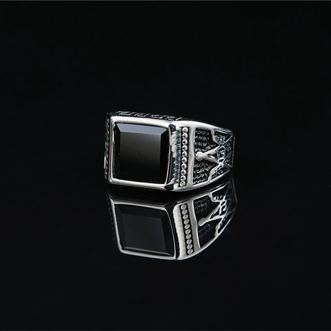 Vintage Stainless Steel Masonic Signet Ring For Men Square Black Stone Punk Biker Jewelry Gold Silver Plated Ring Gift
