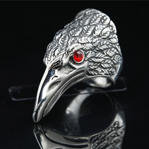 Vintage Stainless Steel Eagle Head Ring For Men Punk Gothic Biker Ring With Red Rhinestone Eyes Retro Animal Finger Jewelry