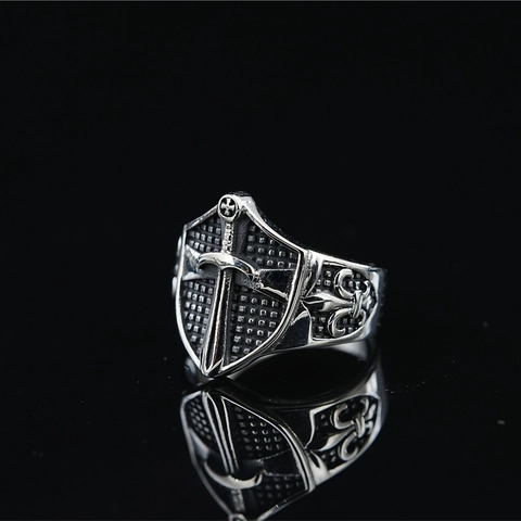 Vintage Titanium Steel Shield Cross Sword Ring For Men Gothic Fleur De Lis Knight Shield Band Ring Retro Punk Jewelry