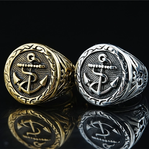 Anello con Sigillo ad Ancora in Acciaio al Titanio Vintage per Uomo Hip Hop Rock Viking Anello Navigator Trama in Rilievo Gioielli Marinaio