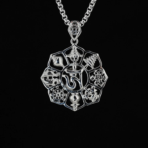 Retro Titaniumstaal Boeddhistische Acht Gunstige Symbolen Om Hanger Halsketting Holle Etnische Sieraden Voor Mannen Vrouwen