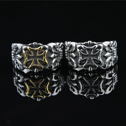 Vintage Men Titanium Steel Cross Ring Gothic Punk Retro Distressed Finish Band Ring Biker Jewelry Gold Silver Color Finger Ring