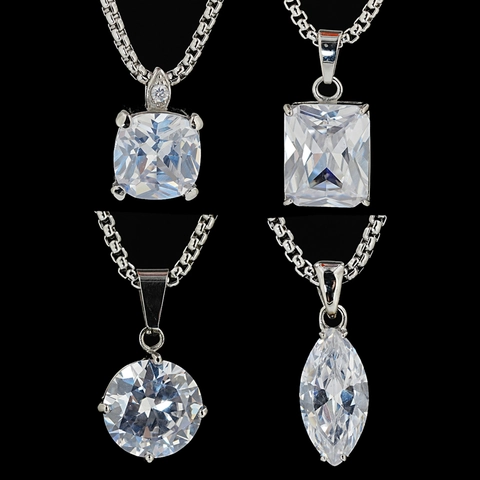 Stainless Steel Geometric Moissanite Pendant Necklace Unisex Silver Zirconia Solitaire Box Chain Fashion Sweater Jewelry