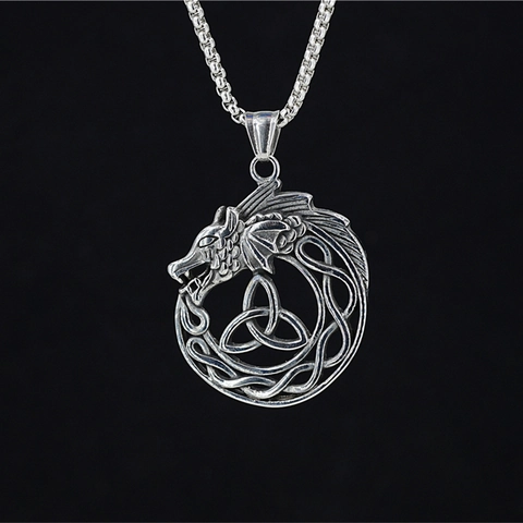 Collana con Pendente Vintage Vichingo Dragone Ouroboros Acciaio Inossidabile Nodo Celtico Streetwear Gioielli Gotici per Uomo