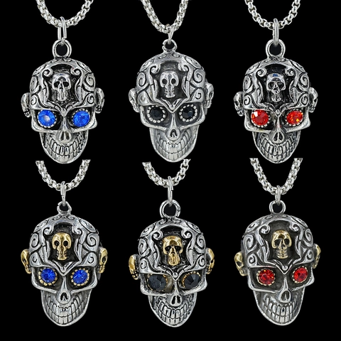 Collier Pendentif Tête de Mort en Acier Titane Vintage pour Hommes Gothic Punk Yeux en Strass Bijoux Vieillis Pendentif Et Chaîne
