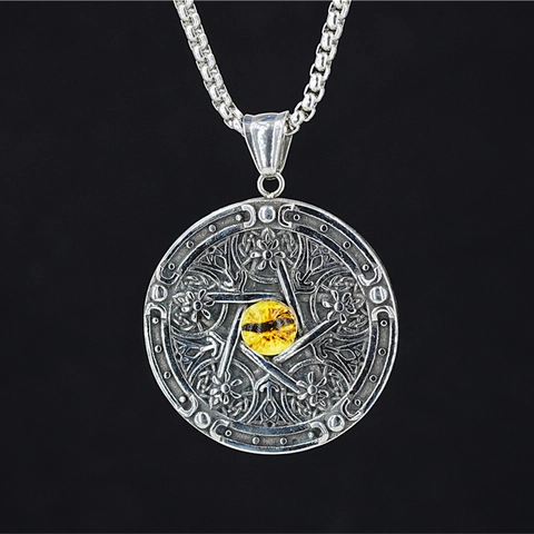 Vintage Gothik Rund Drachenauge Pentagramm Anhänger Halskette Geprägter Totenkopf Edelstahl Hip Hop Punk Kette Für Herren Damen