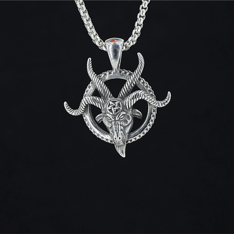 Gothic Baphomet Goat Head Pendant Necklace Stainless Steel Pentagram Round Medallion Jewelry For Men Women Vintage Punk