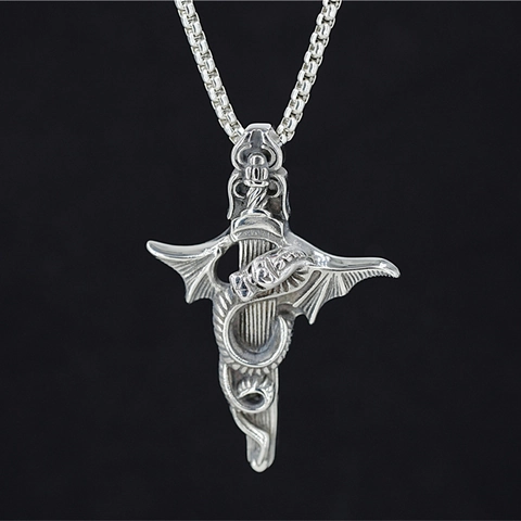 Gothic Dragon Sword Cross Pendant Necklace Stainless Steel Retro Punk Hip Hop Jewelry For Men Women Daily Accessory