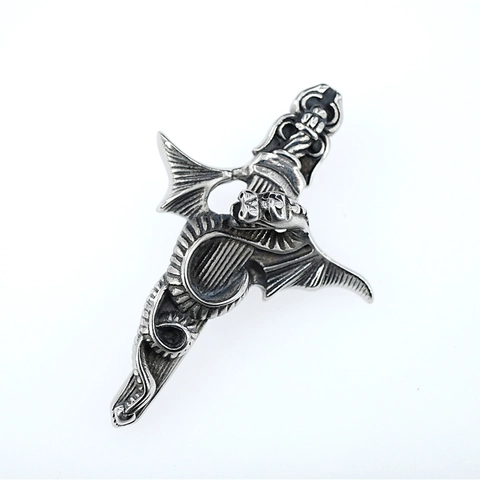 Gothic Dragon Sword Cross Pendant Necklace Stainless Steel Retro Punk Hip Hop Jewelry For Men Women Daily Accessory