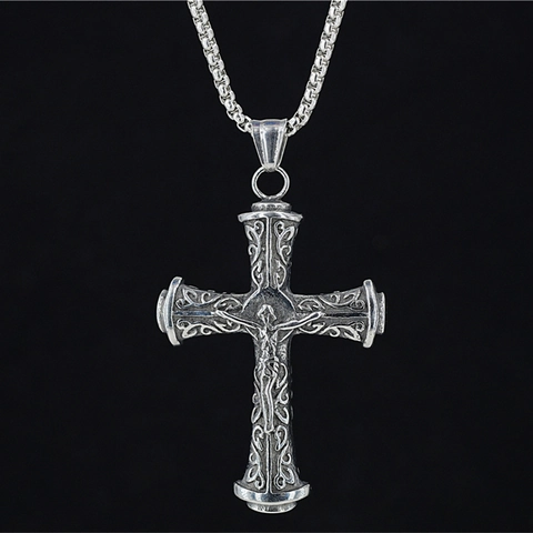 Vintage Jezus Kruisbeeld Hanger Ketting Roestvrij Staal Reliëf Wijnstok Patroon Gothic Religieuze Sieraden Voor Mannen Vrouwen