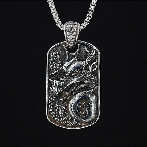 Collana con Ciondolo Dog Tag con Rilievo del Drago Cinese Retrò in Acciaio Inossidabile Gioielli da Uomo Vintage Hip Hop Argento Ossidato