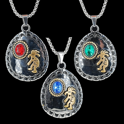 Vintage Titanium Steel Kokopelli Pendant Necklace For Men Women Ethnic Rhinestone Inlaid Teardrop Jewelry Necklaces Accessory