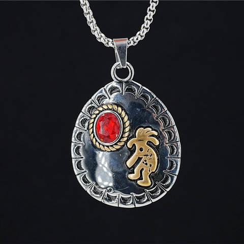 Vintage Titanium Steel Kokopelli Pendant Necklace For Men Women Ethnic Rhinestone Inlaid Teardrop Jewelry Necklaces Accessory