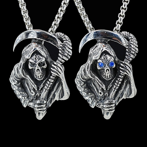 Gothic Stainless Steel Grim Reaper Skull Scythe Pendant Necklace Blue Rhinestone Inlaid Antique Silver Punk Jewelry For Men Women